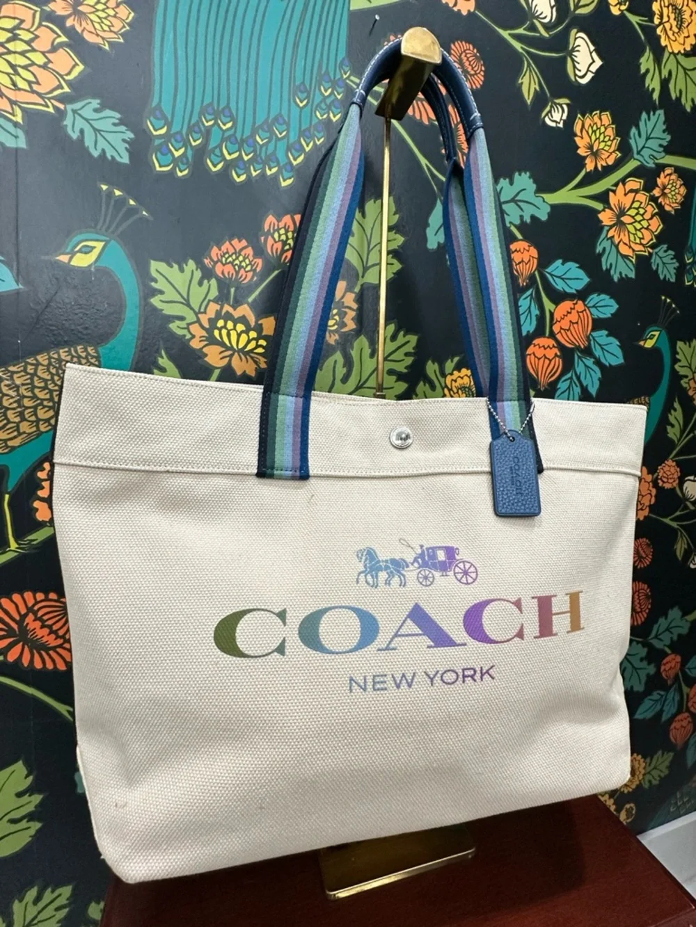 Coach Rainbow Logo Canvas Tote Bag Stripe Handles 2020 Large Carryall - Picture 5 of 14